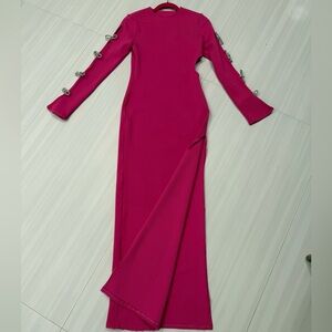 Elegant Pink Long Sleeve Dress with Rhinestone Bow Sleeves